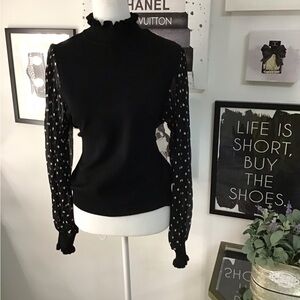 Nanette Lepore Black Knit Top w/Sheer Pleated  Sleeves